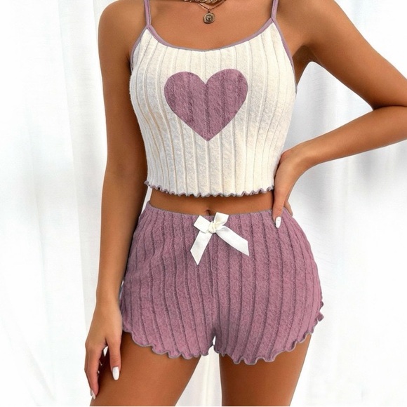 Heart Print Ribbed Lounge Set - Picture 1 of 1